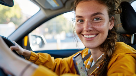 A cheerful young woman is driving a car with a smartphone in hand, enjoying her road trip on a sunny day, showcasing happiness and freedom on the journey.の素材