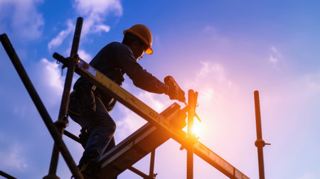 A hard-working construction worker is seen on scaffolding during sunset, focusing on essential tasks while maintaining safety and professionalism.の素材