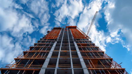 A striking view from below of a tall building under construction, showcasing scaffolding, a crane, and the vibrant sky filled with clouds.の素材