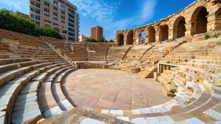 This stunning image features a historical Roman amphitheater nestled amidst modern buildings, showcasing a beautiful blend of ancient architecture and urban life.の素材
