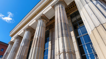 A captivating view showcasing classical columns under a bright blue sky, emphasizing architectural beauty and urban charm in a sunny setting.の素材