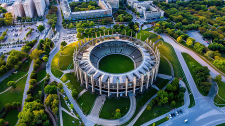 This stunning aerial photograph captures a modern stadium nestled in a vibrant urban landscape, surrounded by lush greenery and expansive parks.の素材