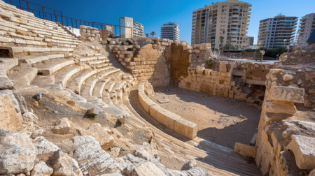 Discover the breathtaking contrast of ancient Roman amphitheater ruins set against modern buildings in a vibrant coastal city. Perfect for showcasing history and culture.の素材