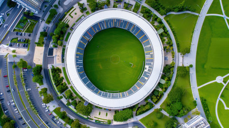 Captivating aerial view of a modern stadium nestled within a vibrant green park, showcasing the surrounding urban landscape and open spaces.の素材