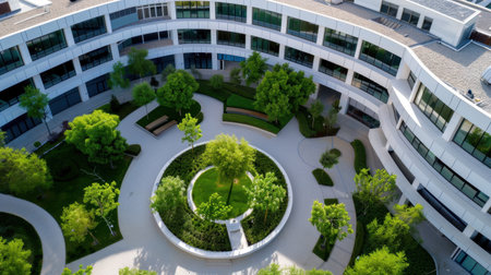 Captivating aerial view of a modern courtyard featuring lush greenery and smooth pathways, designed for relaxation and community engagement in an urban setting.の素材