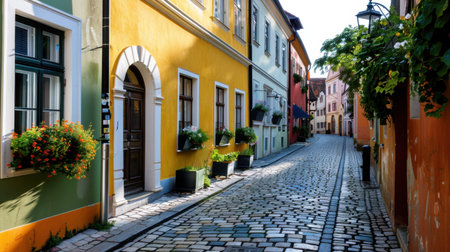 A picturesque scene showcasing a charming cobblestone street adorned with colorful buildings and vibrant flowers, perfect for a travel or tourism theme.の素材