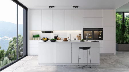 A spacious, modern kitchen featuring minimalist design elements, sleek white cabinetry, and natural light, ideal for cooking and dining ambiance.の素材