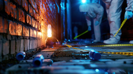 A gripping scene of forensic experts working in a dimly lit urban setting, analyzing crime evidence with tools and blue lighting, emphasizing detail and safety.の素材