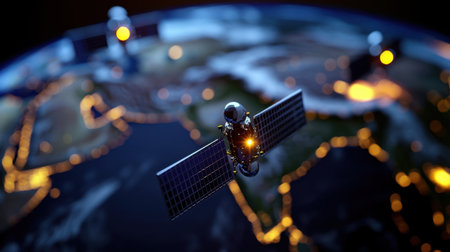 A captivating view of satellites orbiting Earth at night, showcasing bright city lights and a detailed global perspective, symbolizing technology and communication.の素材
