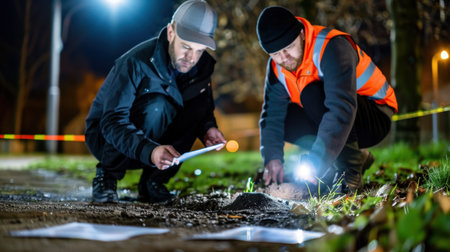 Two crime scene investigators are actively examining evidence at night. One investigator uses a flashlight while the other takes notes on the ground.の素材