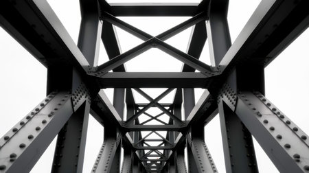 This striking image captures the intricate steel framework of an industrial bridge from below, showcasing a unique perspective on modern engineering and design.の素材