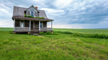 A rustic abandoned house stands on a lush grassy field, framed by a dramatic stormy sky. This serene rural landscape captures the essence of solitude and nostalgia.の素材