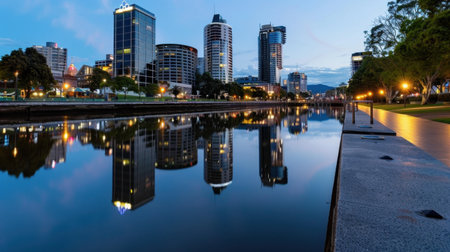 A stunning urban landscape showcasing a city skyline with modern architecture reflected in calm waters during twilight, creating a serene atmosphere.の素材