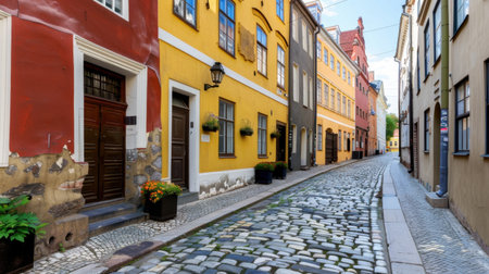 A picturesque cobblestone street lined with vibrant, colorful buildings in a historic European town, perfect for travel photography and urban exploration.の素材