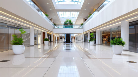 Spacious and modern shopping mall interior featuring a bright skylight and lush green plants, offering a serene atmosphere for retail environments.の素材