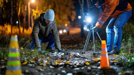 Two individuals conduct a nighttime investigation in a forested area, utilizing a tripod and flashlights amidst a backdrop of autumn leaves.の素材