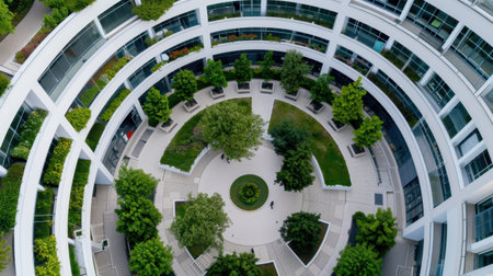 A stunning aerial view showcasing a modern circular building surrounded by lush greenery and a landscaped courtyard. This serene urban environment invites relaxation.の素材