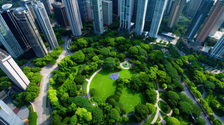 A stunning aerial view of a vibrant park nestled among tall skyscrapers, showcasing a peaceful retreat in a bustling urban environment with lush greenery.の素材