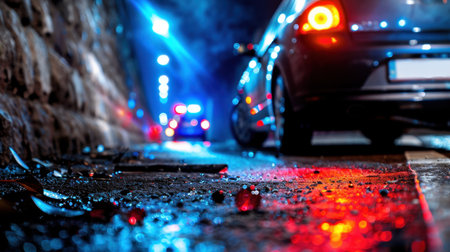 A stunning urban night scene showcasing a close view of wet pavement reflecting colorful car lights. The ambiance evokes mystery and excitement in a city setting.の素材