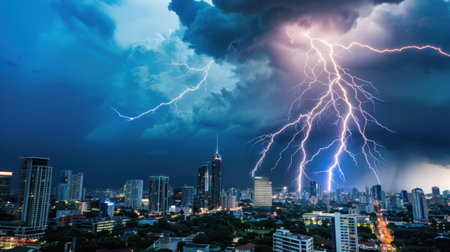 Witness a stunning display of nature's fury with a dramatic thunderstorm sweeping over a vibrant city skyline. Striking lightning illuminates the dark clouds, creating an electrifying atmosphere that captures the power and beauty of severe weather.の素材