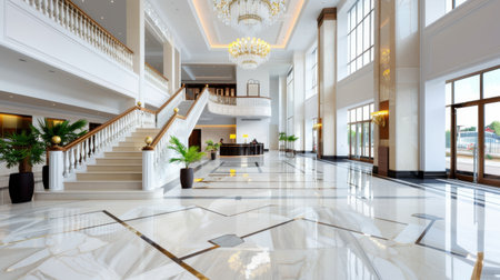 A stunning hotel lobby featuring polished marble floors, an impressive grand staircase, and beautiful chandelier lighting. Ideal for luxury concepts.の素材
