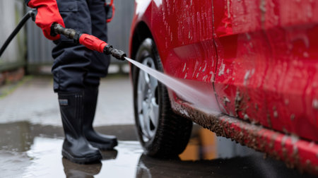 A person in rubber boots directs a pressure washer at a red car, effectively removing dirt and mud in an outdoor setting. Cleaning efforts enhance the vehicle's appearance.の素材