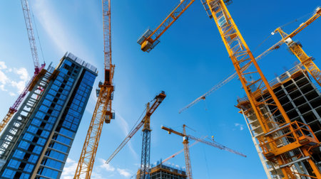 A vibrant urban construction scene showcasing multiple tower cranes and modern buildings under development against a clear blue sky.の素材