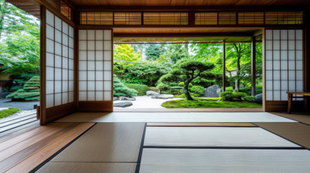 Experience the tranquility of a Japanese interior featuring tatami mats and a serene view of a beautifully landscaped Zen garden, perfect for relaxation.の素材