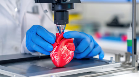 A medical professional wearing blue gloves meticulously operates a 3D printer, showcasing the intricate details of a human heart model in a modern laboratory.の素材