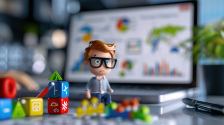 A charming 3D character with glasses stands next to colorful blocks on a desk, featuring charts on a laptop, symbolizing creativity and analysis.の素材