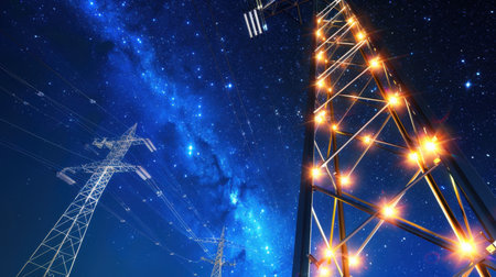 This captivating image features electrical towers illuminated against a backdrop of a vibrant night sky filled with bright stars and the Milky Way.の素材