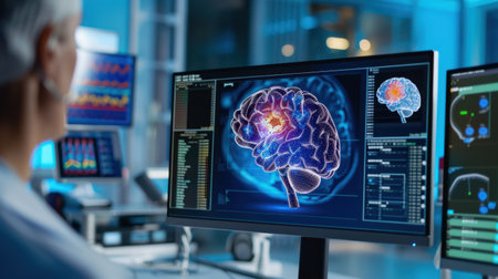 A professional woman analyzes advanced brain imaging technology on a monitor in a modern healthcare facility, showcasing medical research and innovation.の素材