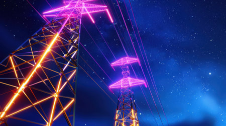 A striking image of neon power lines illuminated against a starry night sky, showcasing vibrant purple and orange colors that evoke energy and technology.の素材