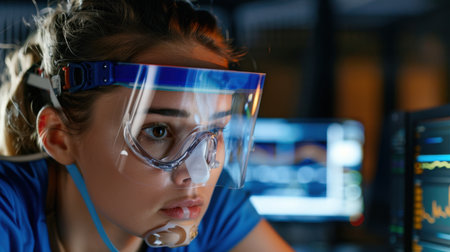 A focused female scientist wearing protective gear is immersed in data analysis in a laboratory environment. The scene captures her dedication to research.の素材