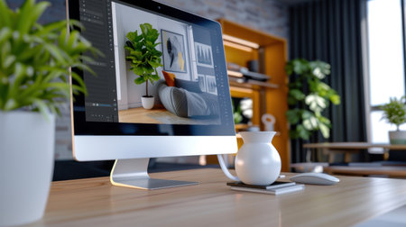 A modern workspace showcases a sleek computer and lush indoor plants, creating a cozy atmosphere perfect for creativity and inspiration in interior design.の素材