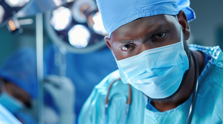A dedicated surgeon in blue scrubs and a mask is focused intently in an operating room filled with bright surgical lights, showcasing a commitment to patient care.の素材