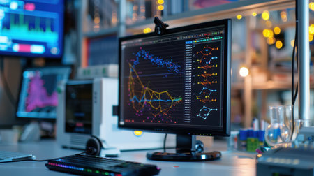 A modern workspace features a computer monitor displaying colorful data visualization with various graphs and charts, symbolizing data analysis and technology.の素材