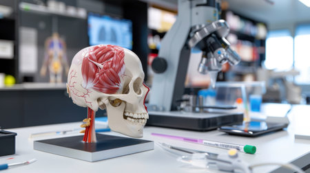 Detailed anatomical model of a human skull showcasing muscle structure, positioned in a modern laboratory with scientific equipment for educational purposes.の素材