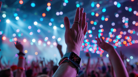 A lively crowd enjoys a concert, hands raised in excitement under a canopy of colorful lights. The atmosphere bursts with energy and joy.の素材