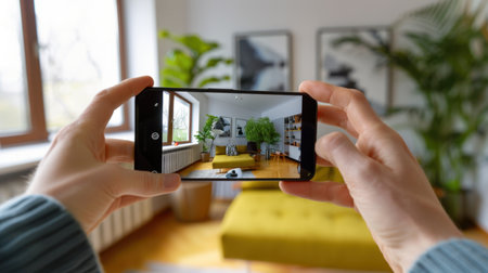 A person captures a vibrant living room scene with a smartphone, emphasizing modern decor, lush plants, and a bright, inviting atmosphere.の素材