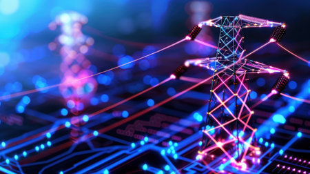 A captivating visual representation of futuristic powerlines and high voltage towers, illuminated by neon lights against a digital landscape, symbolizing innovation.の素材