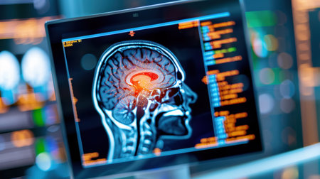 Intricate display of a brain scan showcasing neural activity within a modern medical setting, emphasizing technological advancements in healthcare diagnostics.の素材