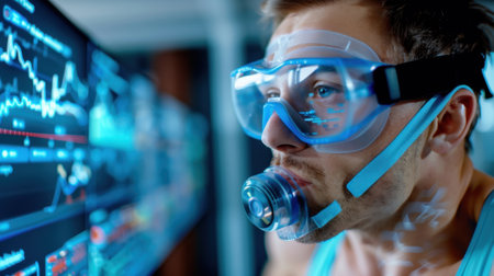 A focused man wearing a breathing mask and advanced goggles is analyzing digital data displays in a high-tech laboratory setting, showcasing innovation.の素材