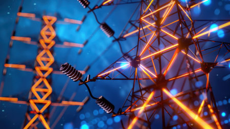 A vibrant depiction of power transmission lines highlighted with glowing elements against a blue bokeh background, representing modern energy solutions.の素材