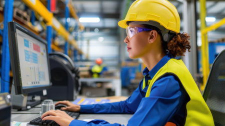 A young female engineer in a bright yellow safety helmet and vest works diligently on a computer in a well-organized industrial warehouse, showcasing focus and professionalism.の素材