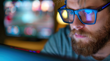 A young man wearing glasses is deeply engrossed in gaming, surrounded by a vibrant, colorful atmosphere. His intense focus and expression reveal a passion for technology and digital entertainment.の素材