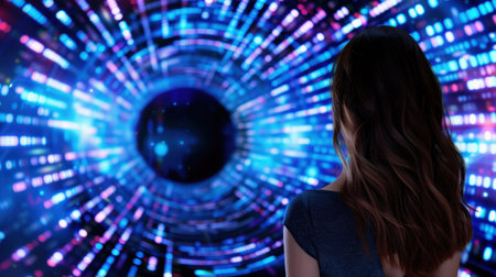 A modern and abstract image of a woman gazing into a mesmerizing digital vortex, filled with vibrant colors and light patterns, evoking curiosity and inspiration.の素材