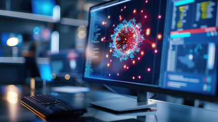 A high-tech computer screen displays a vivid visualization of quantum physics, showcasing colorful particles and digital data in a modern workspace.の素材