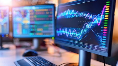 Vibrant computer screens showcase intricate financial graphics and stock market trends. This modern workspace emphasizes digital analysis in trading.の素材