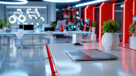 A stylish and modern office workspace featuring a sleek laptop, decorative plant, and high-tech design elements, perfect for inspiring productivity and creativity.の素材